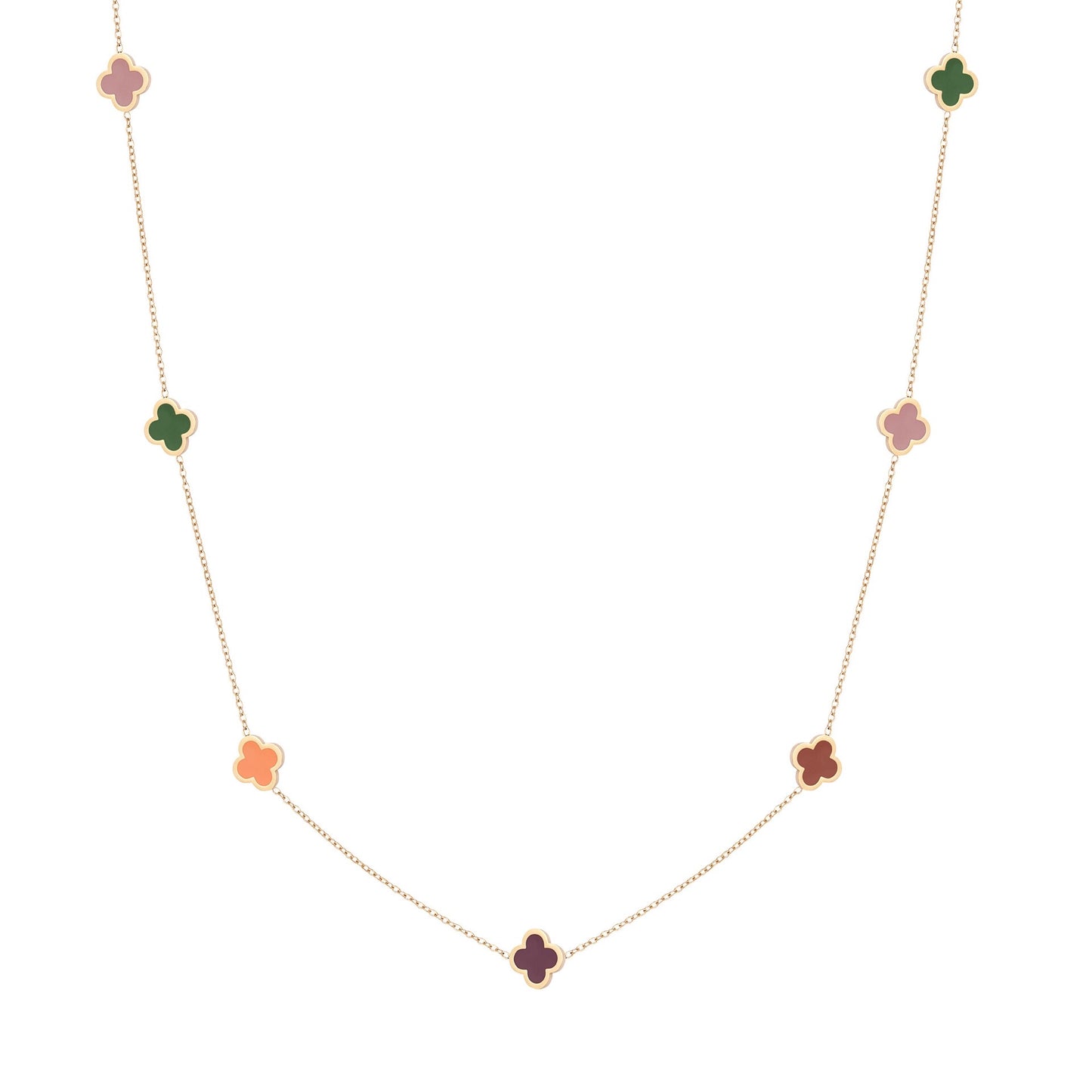 Lange Ketting met gekleurde klavertjes K007 Goud